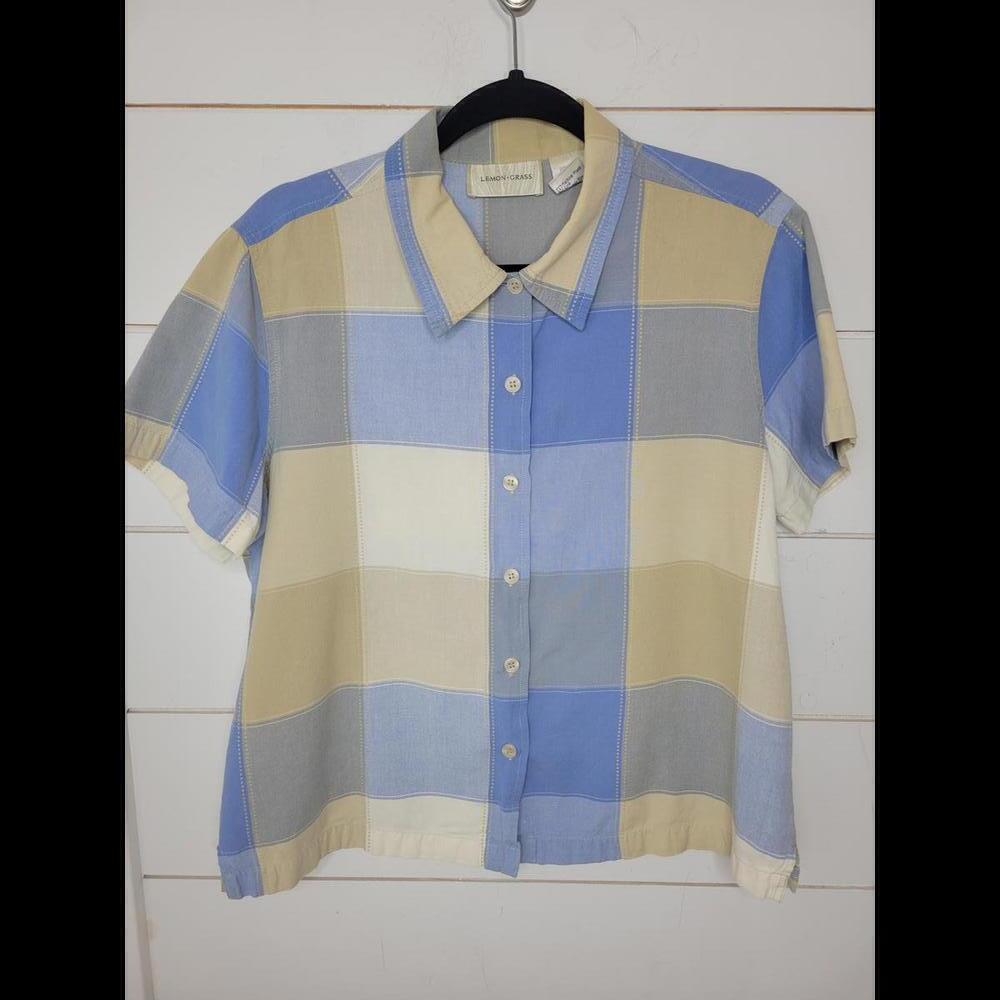 Lemon Grass large blue & cream plaid cotton blouse